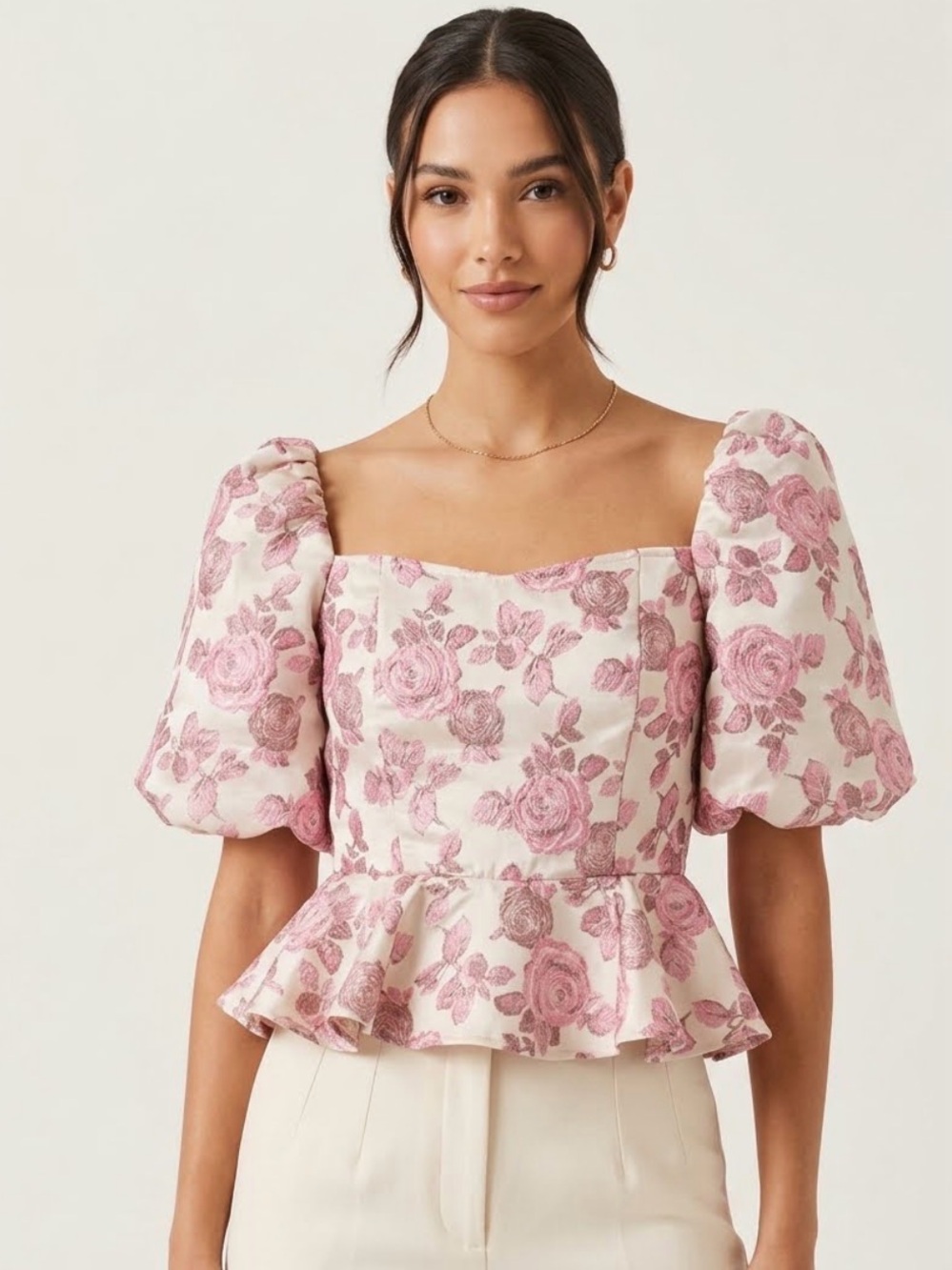Strut & Bolt Pink Floral Jacquard Peplum Blouse Puff Sleeve | Size S